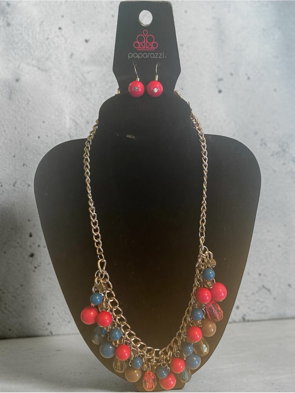 paparazzi Red, Blue & Gold Multi-Bead Statement Necklace with Matching Earrings